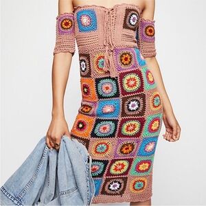 Free People Racing Hearts Crochet Midi Dress Granny Square Small